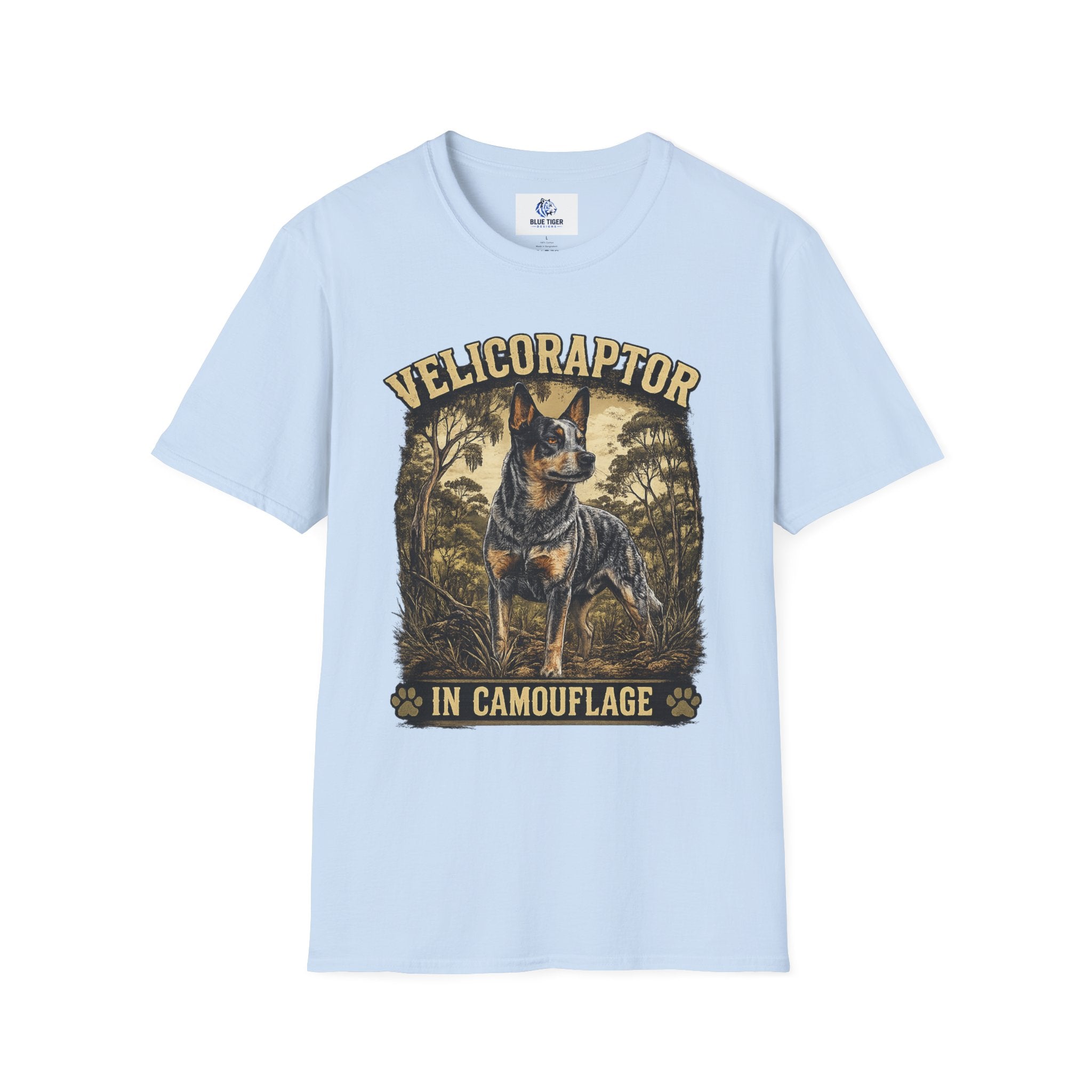 Velicoraptor in Camouflage T-Shirt — Vintage  Blue Heeler Dog Tee