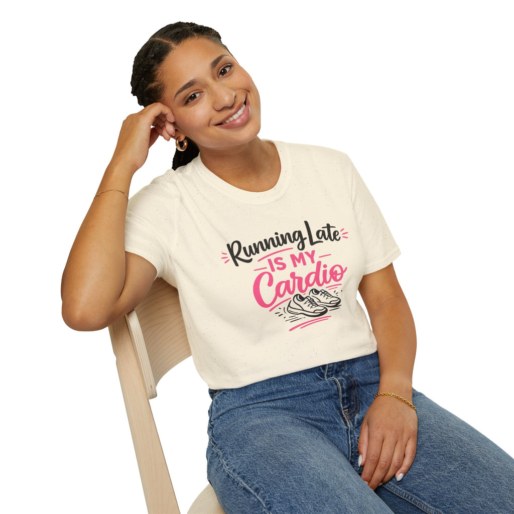 Running Late Is My Cardio T‑Shirt — Funny Fitness Graphic Tee with Sneakers