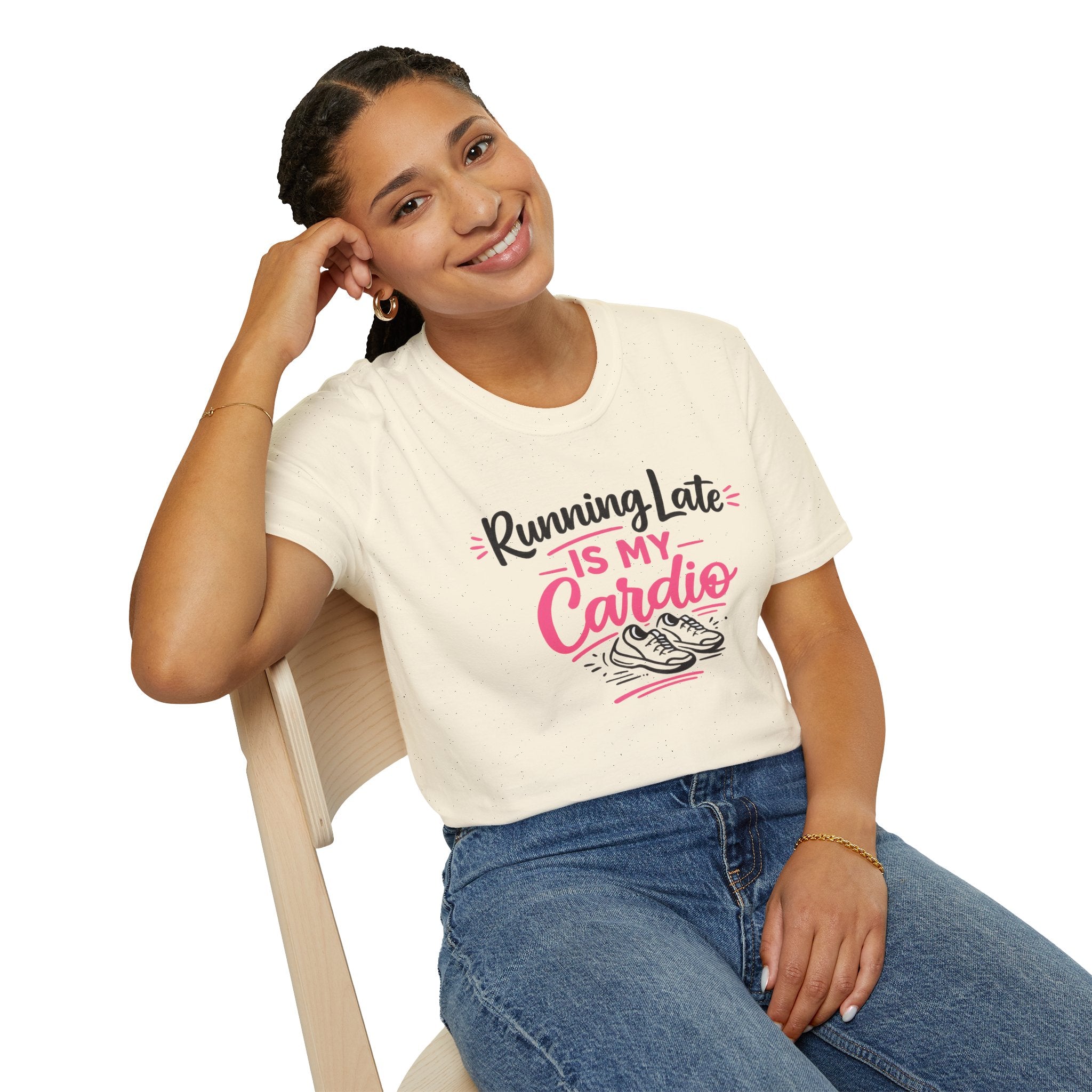 Running Late Is My Cardio T‑Shirt — Funny Fitness Graphic Tee with Sneakers