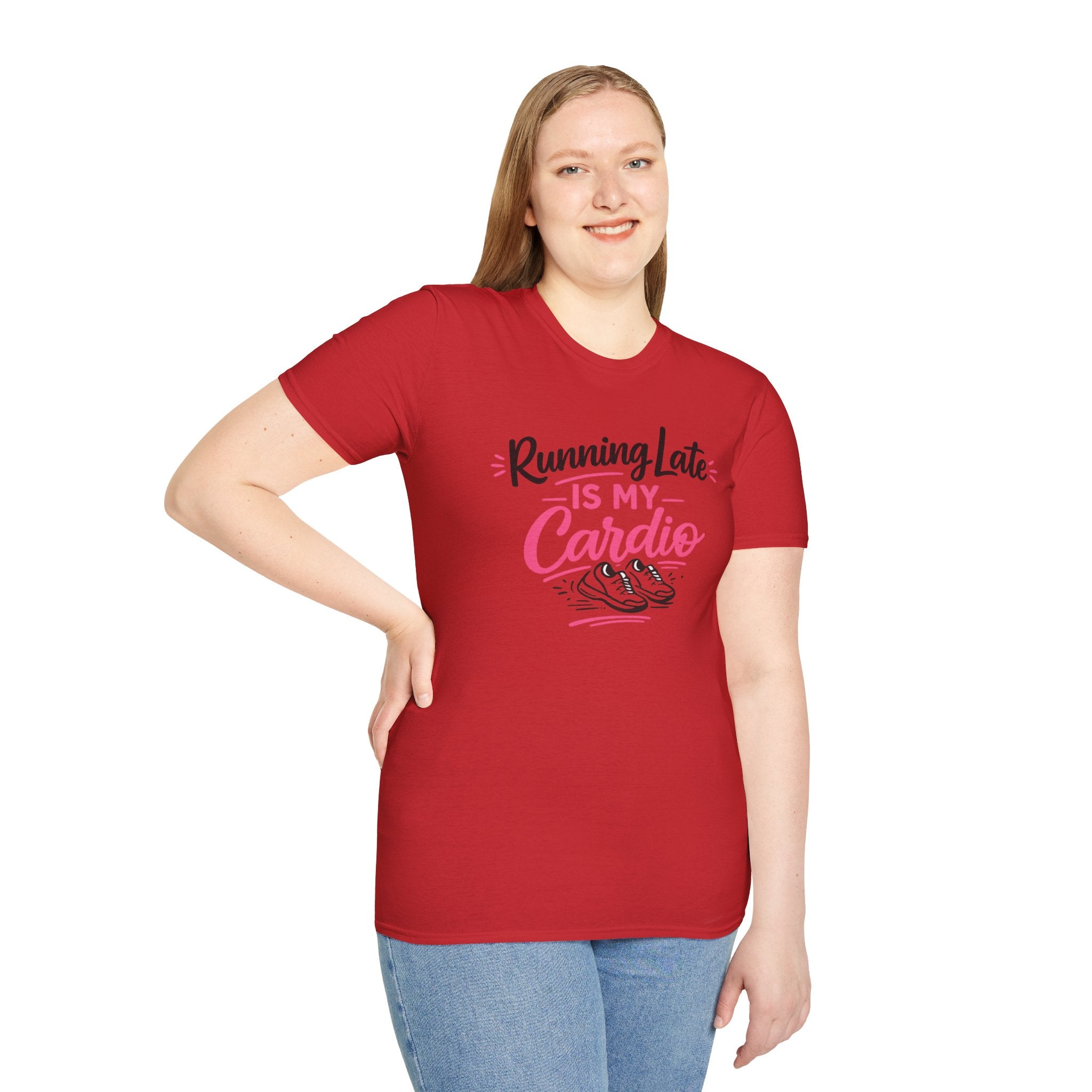 Running Late Is My Cardio T‑Shirt — Funny Fitness Graphic Tee with Sneakers