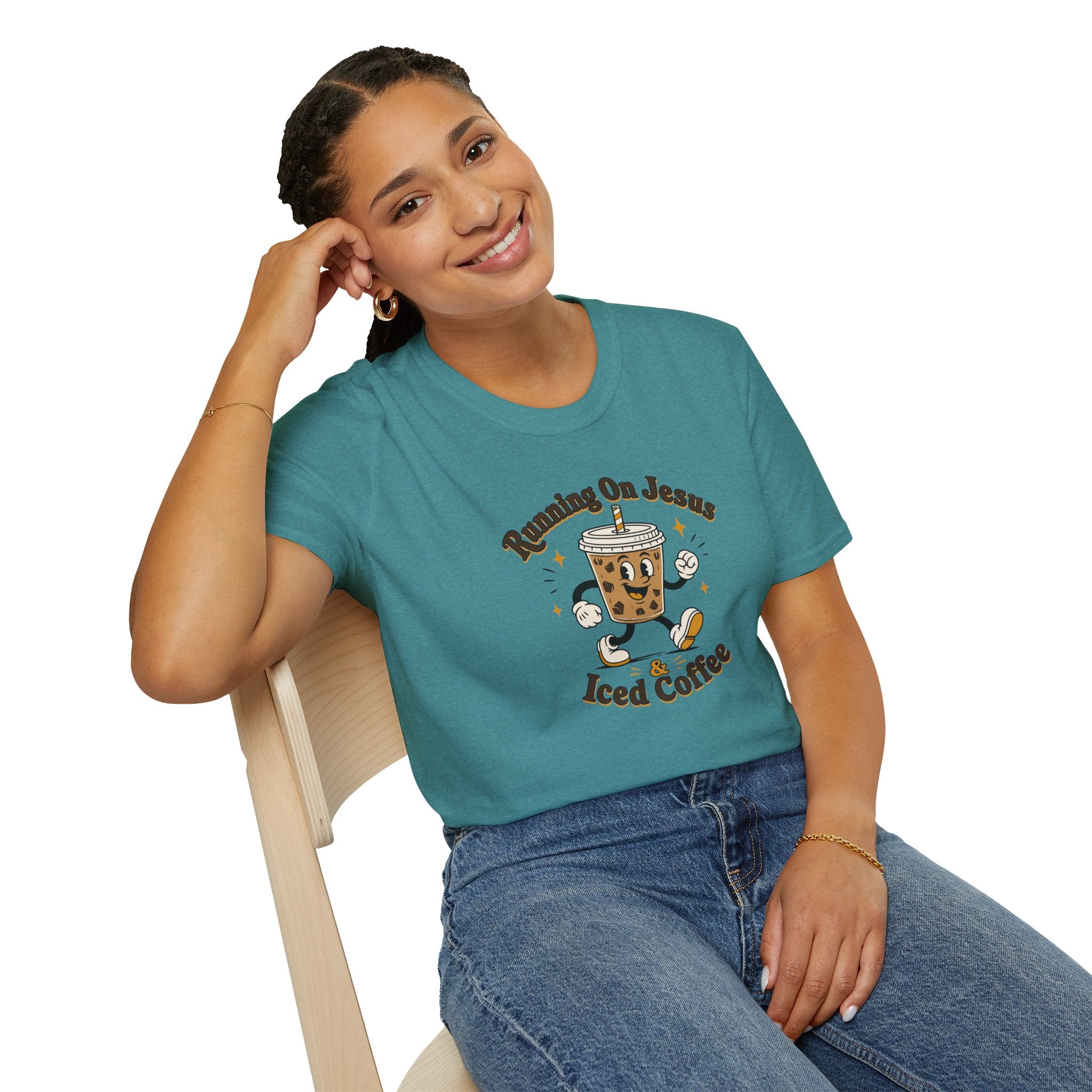 Iced Coffee Faith T-Shirt — "Running On Jesus, Iced Coffee" Cute Cartoon Drink Tee
