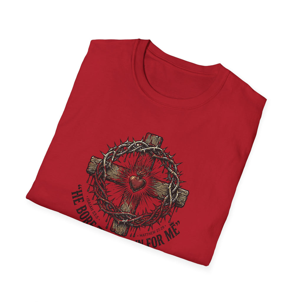 Christian Cross T-Shirt — "He Bore the Crown for Me" Sacred Heart Design