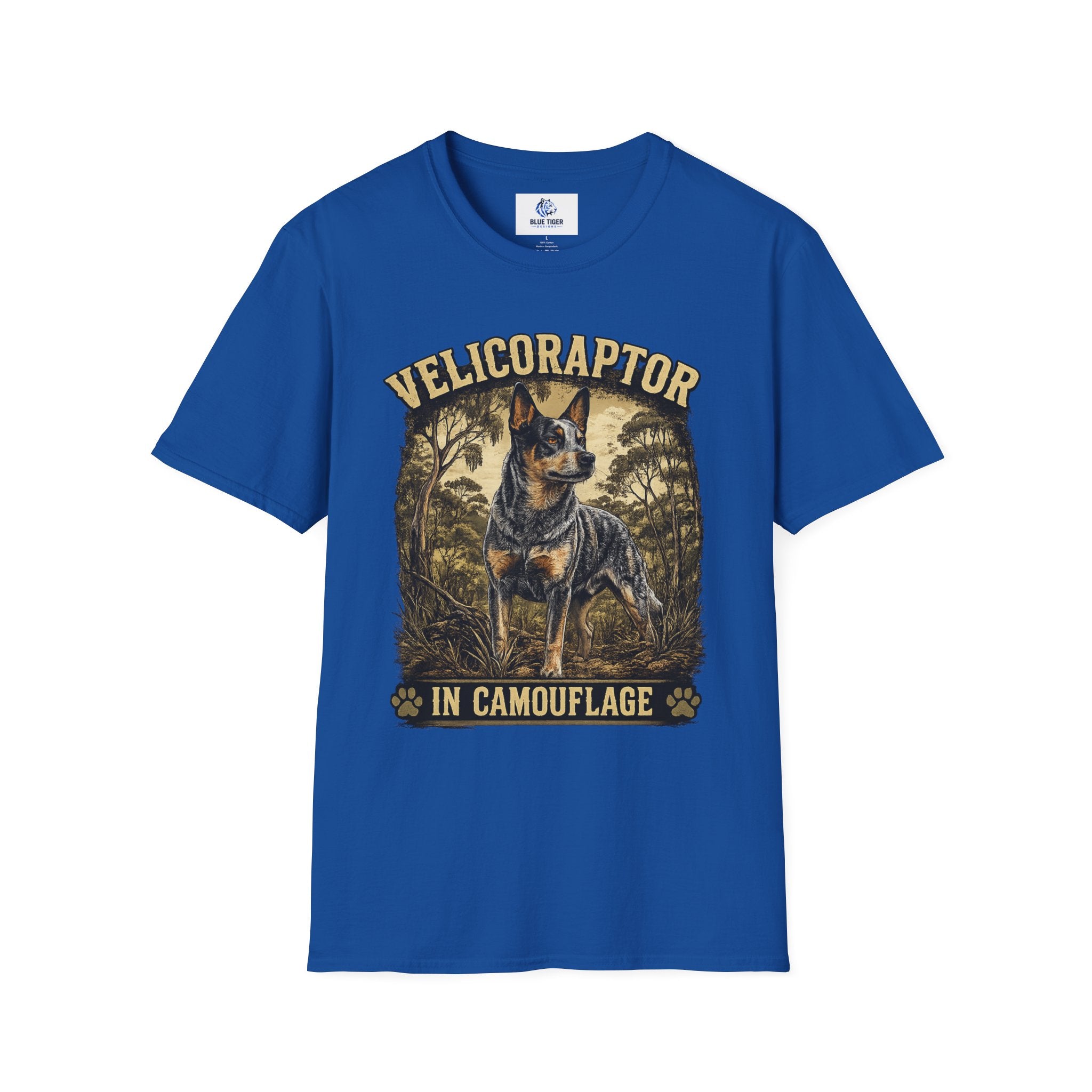 Velicoraptor in Camouflage T-Shirt — Vintage  Blue Heeler Dog Tee