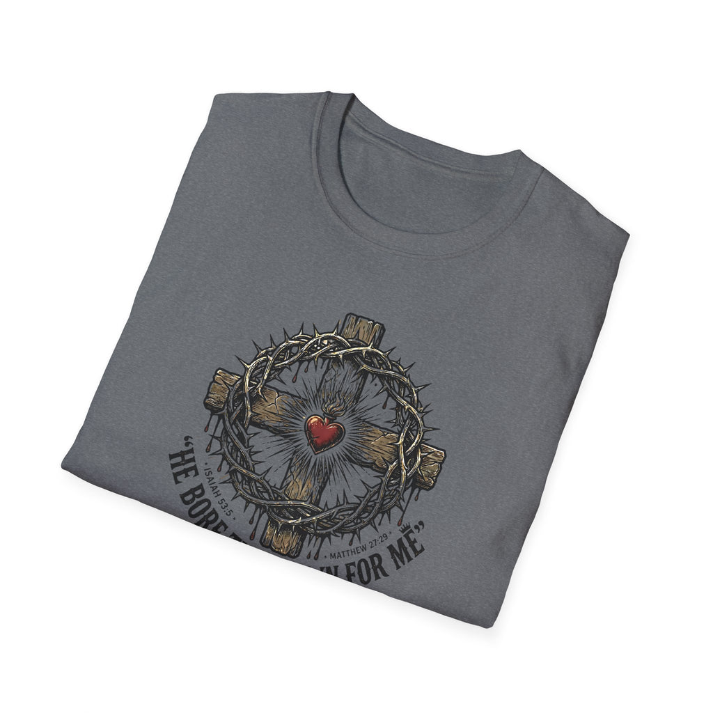 Christian Cross T-Shirt — "He Bore the Crown for Me" Sacred Heart Design