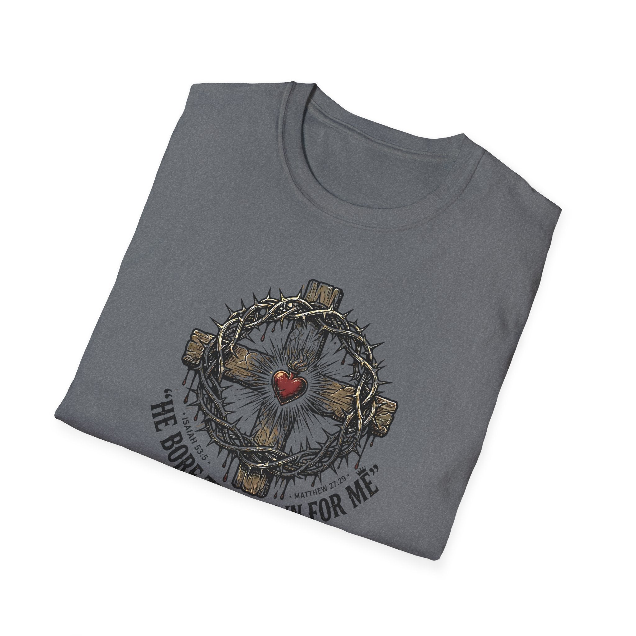 Christian Cross T-Shirt — "He Bore the Crown for Me" Sacred Heart Design