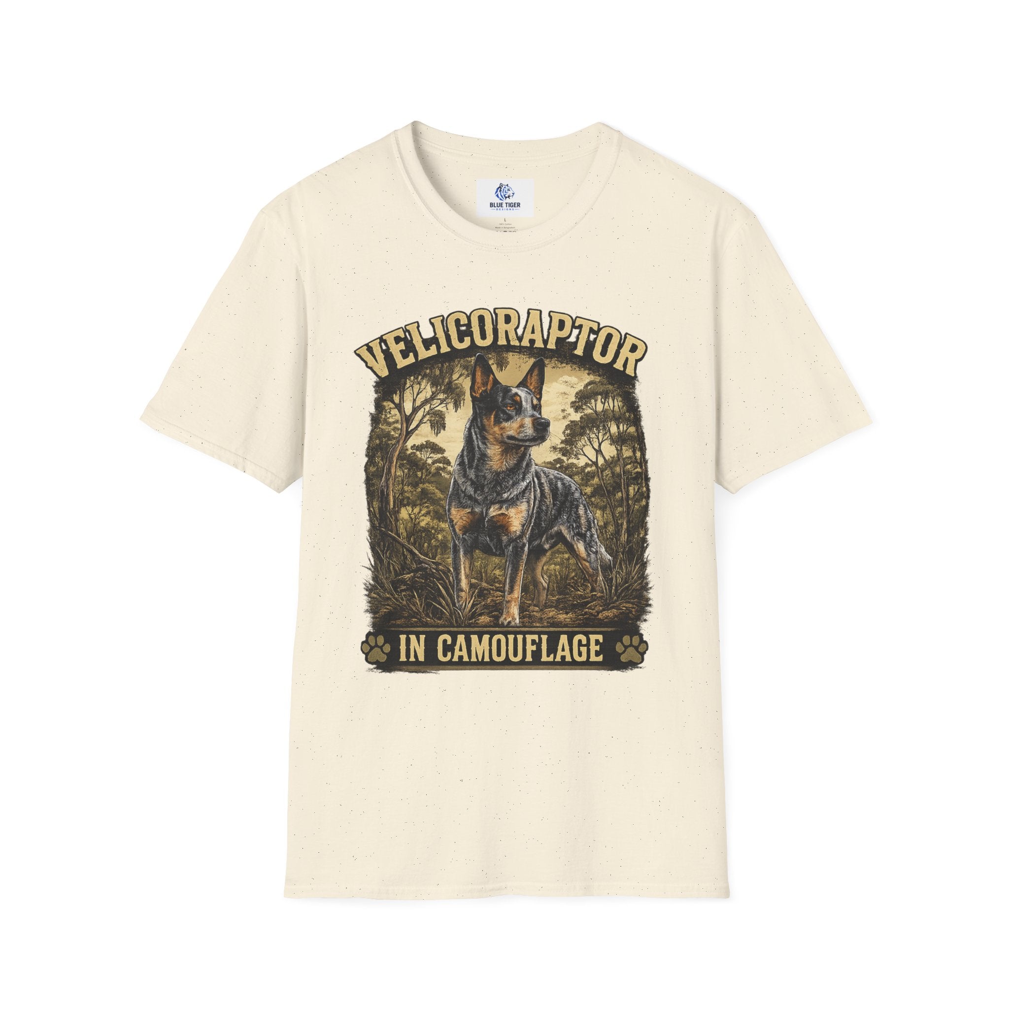Velicoraptor in Camouflage T-Shirt — Vintage  Blue Heeler Dog Tee
