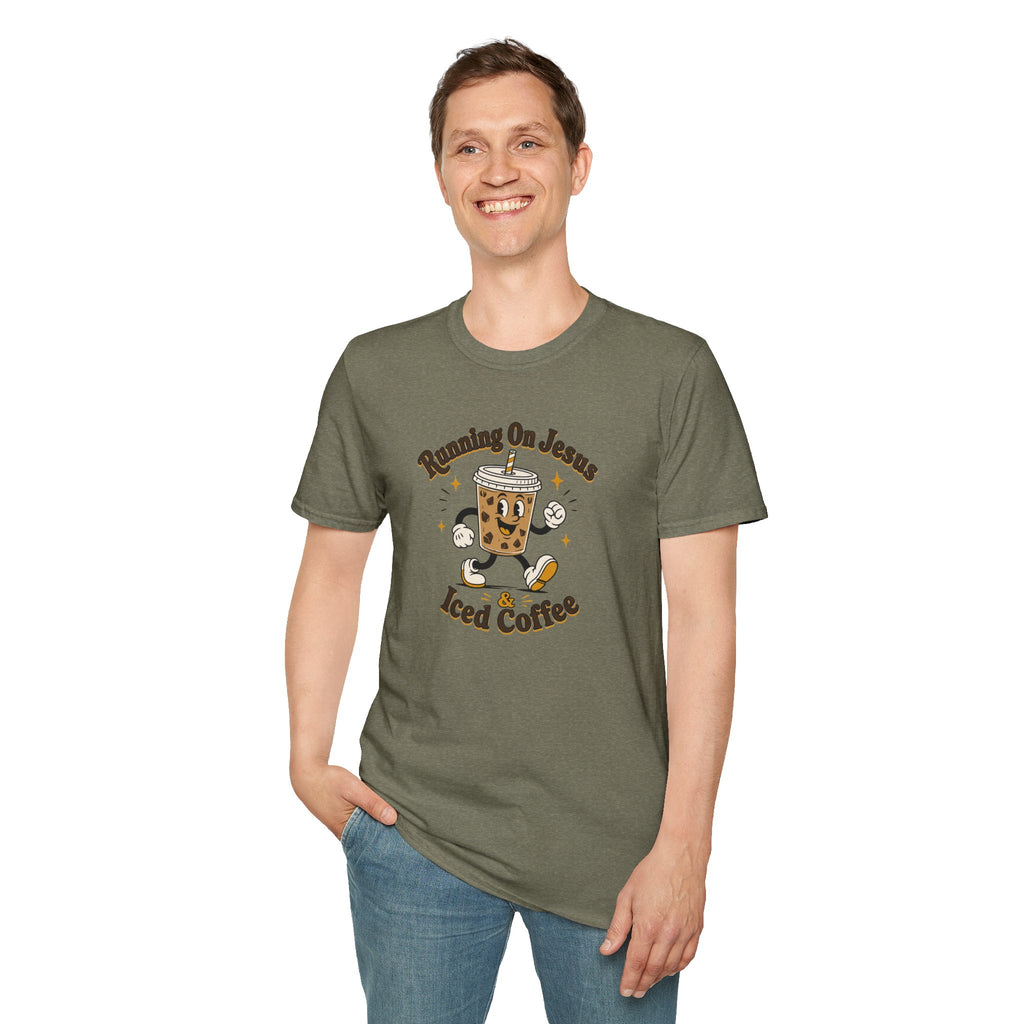 Iced Coffee Faith T-Shirt — "Running On Jesus, Iced Coffee" Cute Cartoon Drink Tee