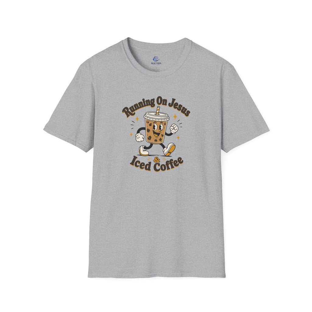 Iced Coffee Faith T-Shirt — "Running On Jesus, Iced Coffee" Cute Cartoon Drink Tee