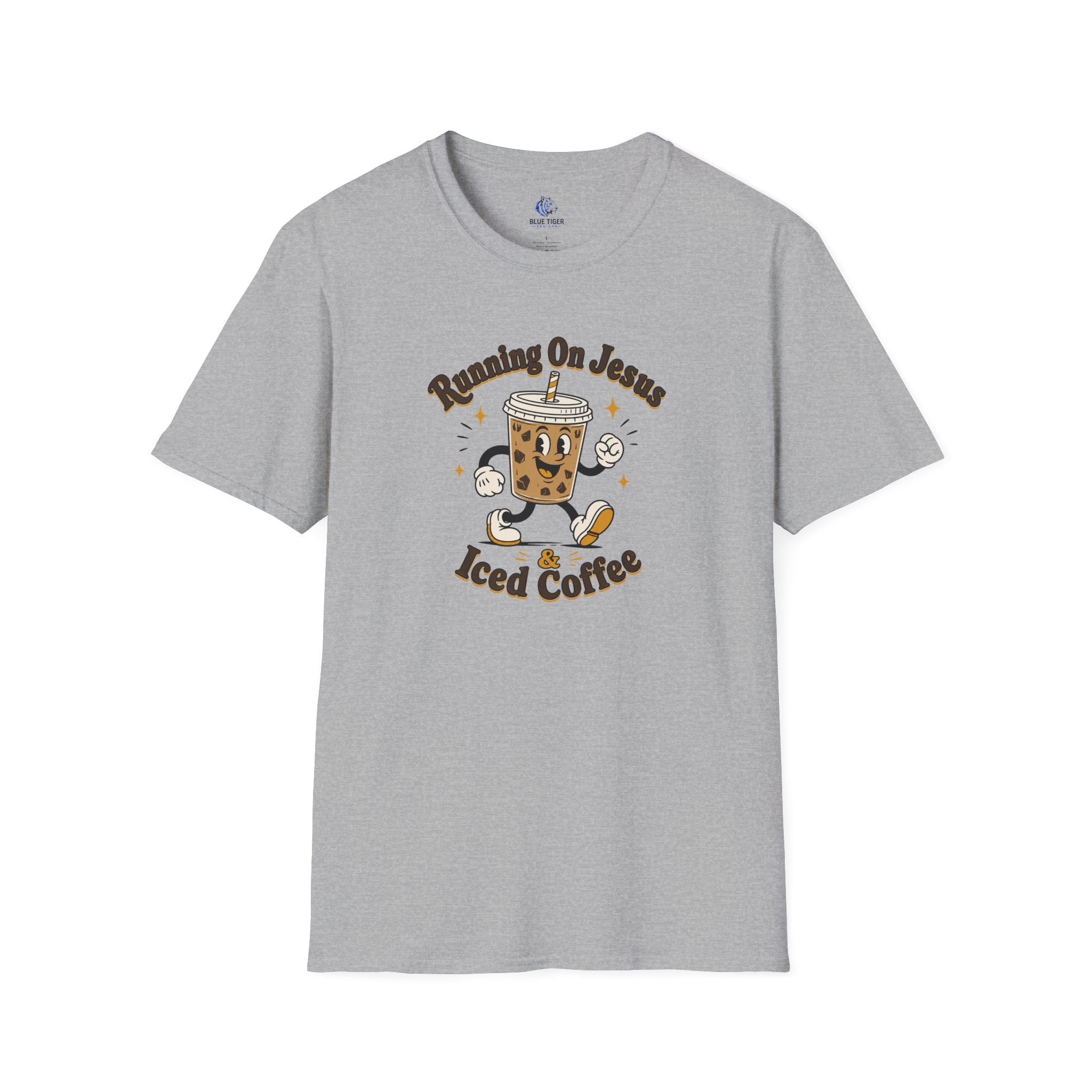 Iced Coffee Faith T-Shirt — "Running On Jesus, Iced Coffee" Cute Cartoon Drink Tee