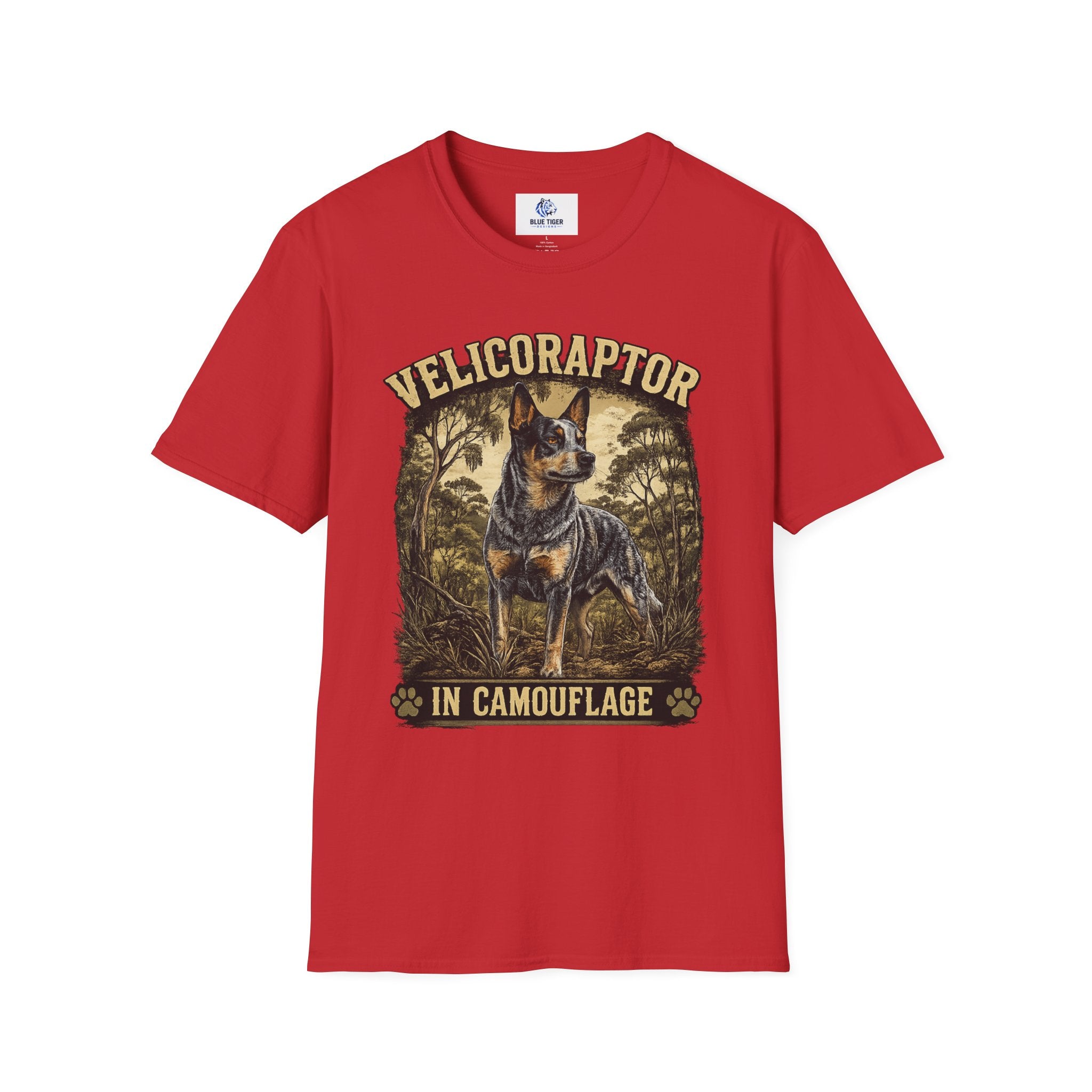 Velicoraptor in Camouflage T-Shirt — Vintage  Blue Heeler Dog Tee