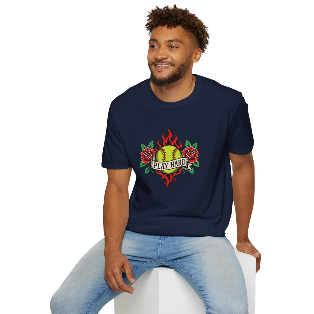 Softball 'Play Hard' Tattoo-Style T-Shirt
